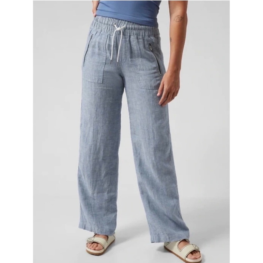 Athleta Cabo Linen Wide Leg Pants Blue Chambray Drawstring Pockets 2